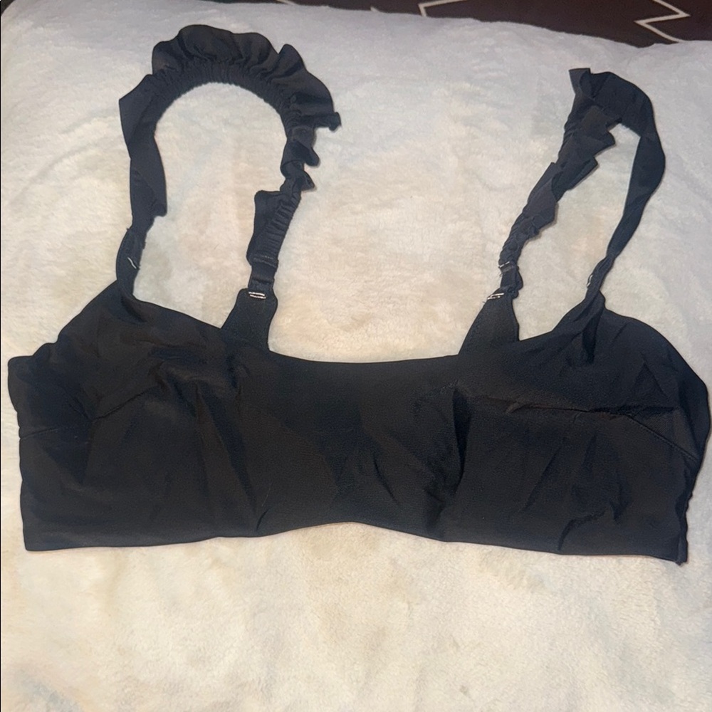 Aerie Black Seamless Bralette swim top with ruffle straps